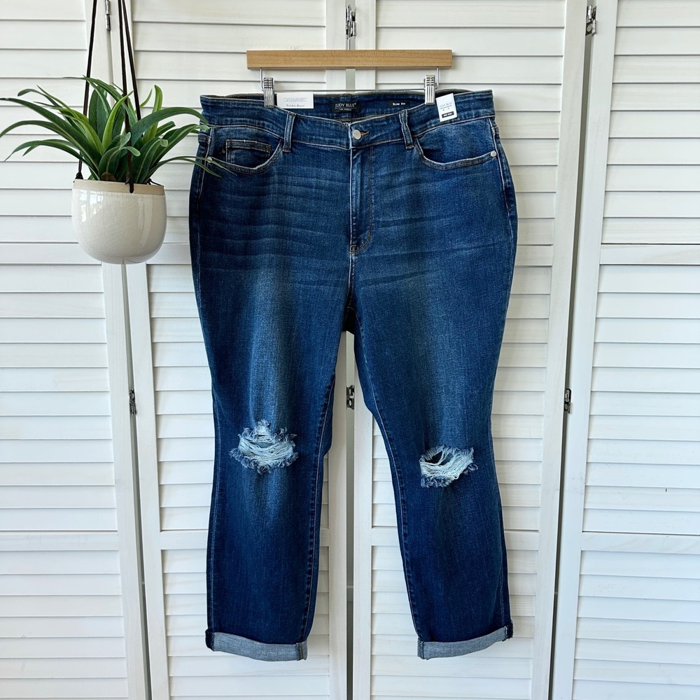 New Judy Blue Slim‎ Fit Mid Rise Distressed Jeans Dark Wash Cuffed Plus Size 22W
